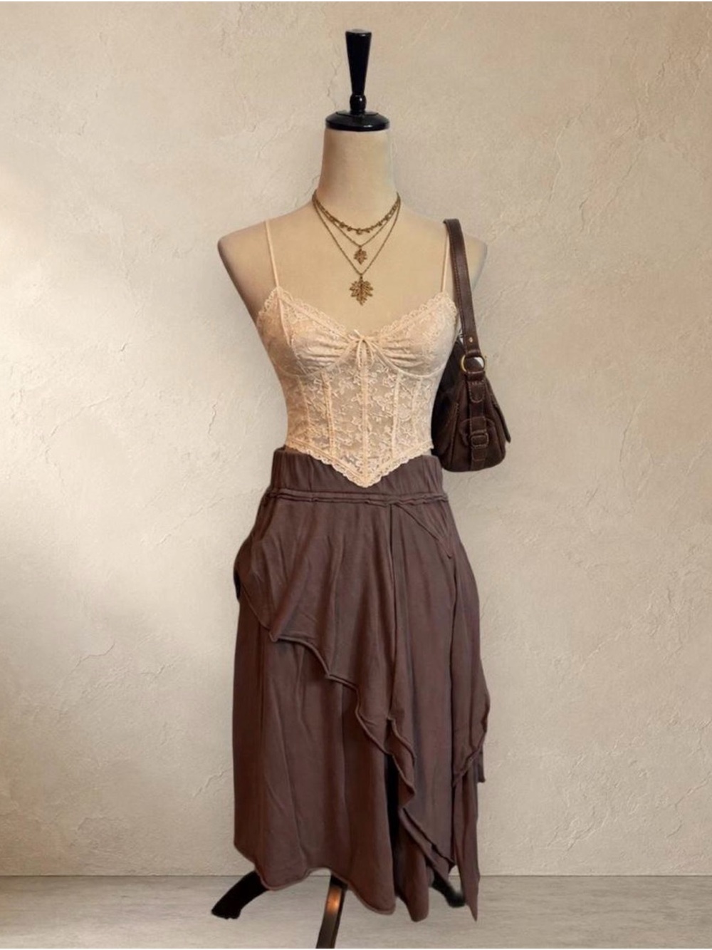 Xhilaration Chocolate Brown Asymmetrical Ruffle Midi Skirt